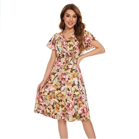 Women's Casual Dresses Short Sleeve V-Neck Short Party Dress Floral Flare Midi M - Picture 2 of 10